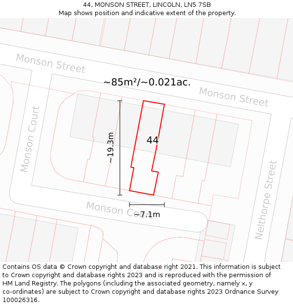 44, MONSON STREET, LINCOLN, LN5 7SB: Plot and title map