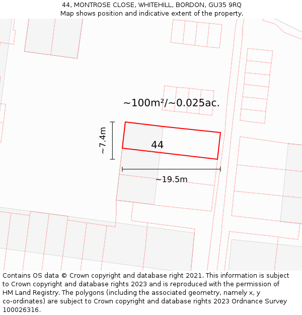 44, MONTROSE CLOSE, WHITEHILL, BORDON, GU35 9RQ: Plot and title map