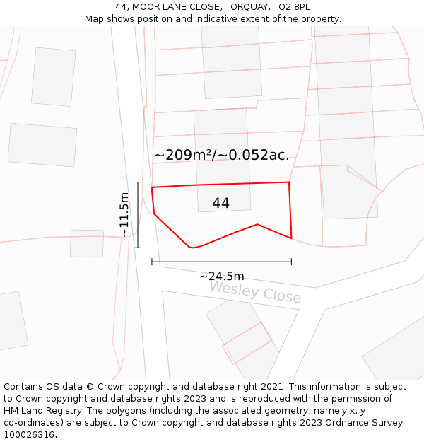 44, MOOR LANE CLOSE, TORQUAY, TQ2 8PL: Plot and title map