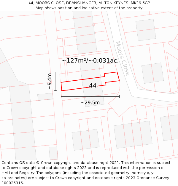 44, MOORS CLOSE, DEANSHANGER, MILTON KEYNES, MK19 6GP: Plot and title map