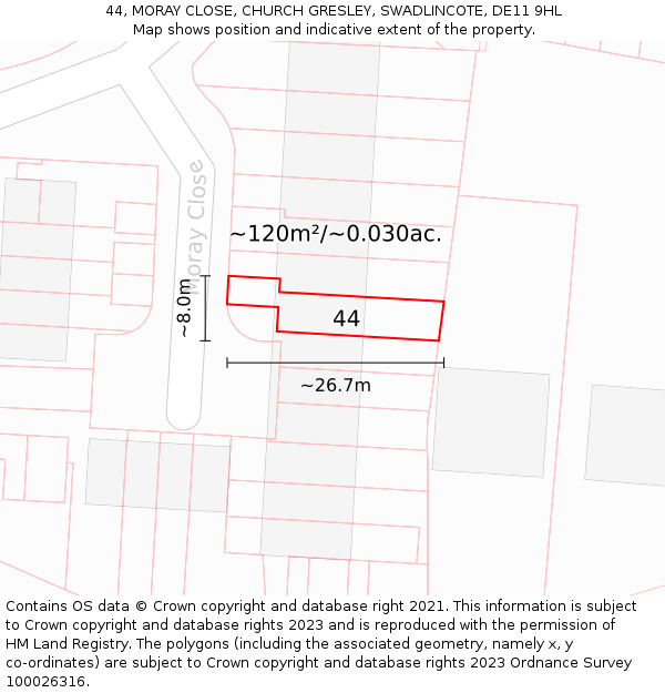 44, MORAY CLOSE, CHURCH GRESLEY, SWADLINCOTE, DE11 9HL: Plot and title map