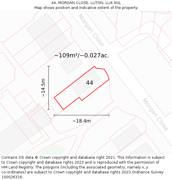 44, MORGAN CLOSE, LUTON, LU4 9GL: Plot and title map