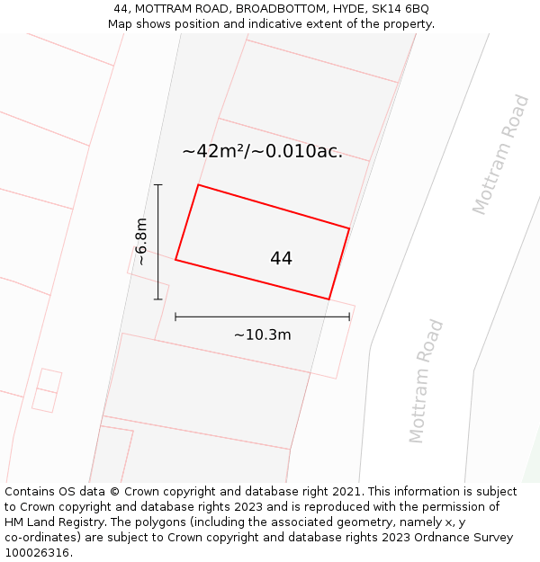 44, MOTTRAM ROAD, BROADBOTTOM, HYDE, SK14 6BQ: Plot and title map