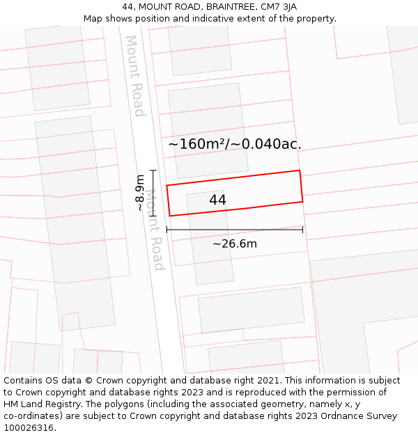 44, MOUNT ROAD, BRAINTREE, CM7 3JA: Plot and title map
