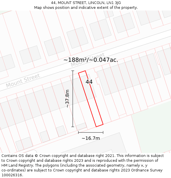 44, MOUNT STREET, LINCOLN, LN1 3JG: Plot and title map