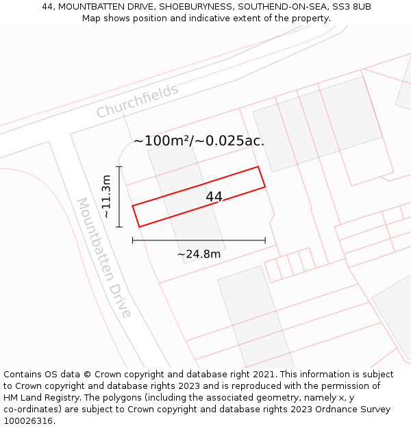 44, MOUNTBATTEN DRIVE, SHOEBURYNESS, SOUTHEND-ON-SEA, SS3 8UB: Plot and title map