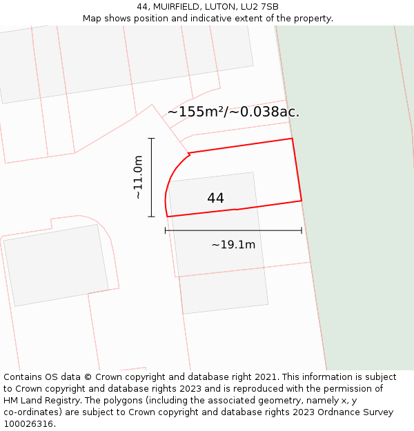 44, MUIRFIELD, LUTON, LU2 7SB: Plot and title map