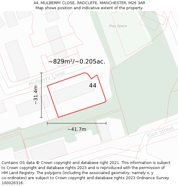 44, MULBERRY CLOSE, RADCLIFFE, MANCHESTER, M26 3AR: Plot and title map