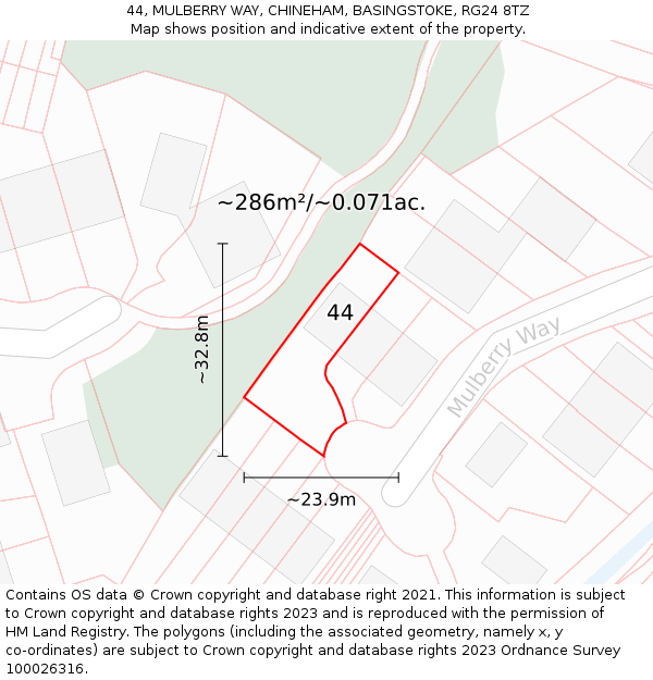 44, MULBERRY WAY, CHINEHAM, BASINGSTOKE, RG24 8TZ: Plot and title map
