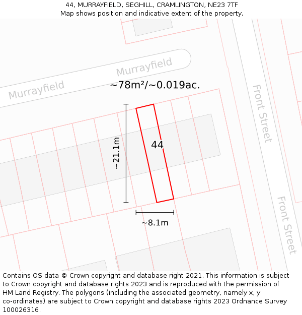 44, MURRAYFIELD, SEGHILL, CRAMLINGTON, NE23 7TF: Plot and title map