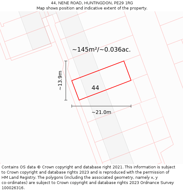 44, NENE ROAD, HUNTINGDON, PE29 1RG: Plot and title map