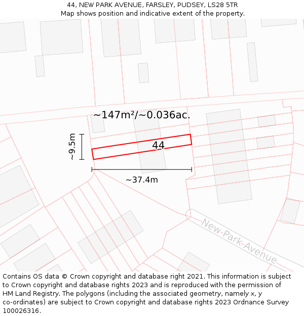 44, NEW PARK AVENUE, FARSLEY, PUDSEY, LS28 5TR: Plot and title map