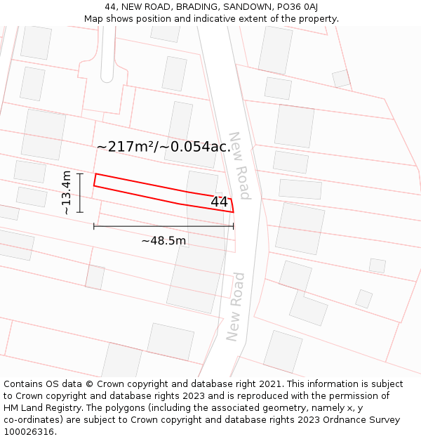 44, NEW ROAD, BRADING, SANDOWN, PO36 0AJ: Plot and title map