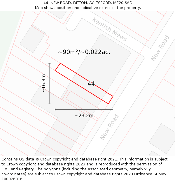 44, NEW ROAD, DITTON, AYLESFORD, ME20 6AD: Plot and title map