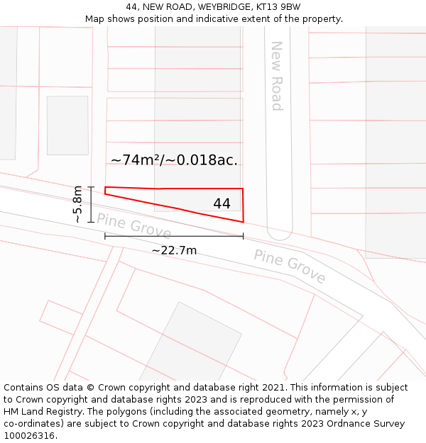44, NEW ROAD, WEYBRIDGE, KT13 9BW: Plot and title map
