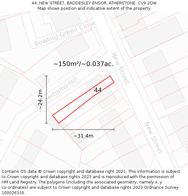 44, NEW STREET, BADDESLEY ENSOR, ATHERSTONE, CV9 2DW: Plot and title map