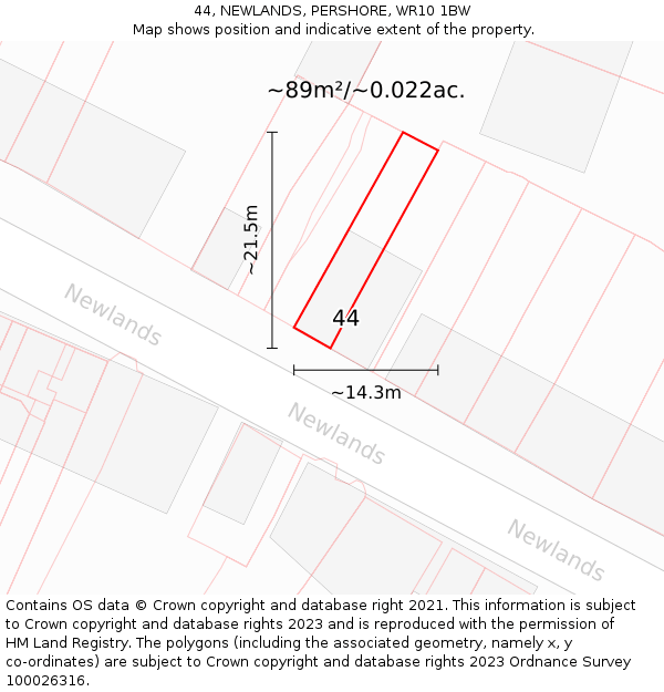44, NEWLANDS, PERSHORE, WR10 1BW: Plot and title map