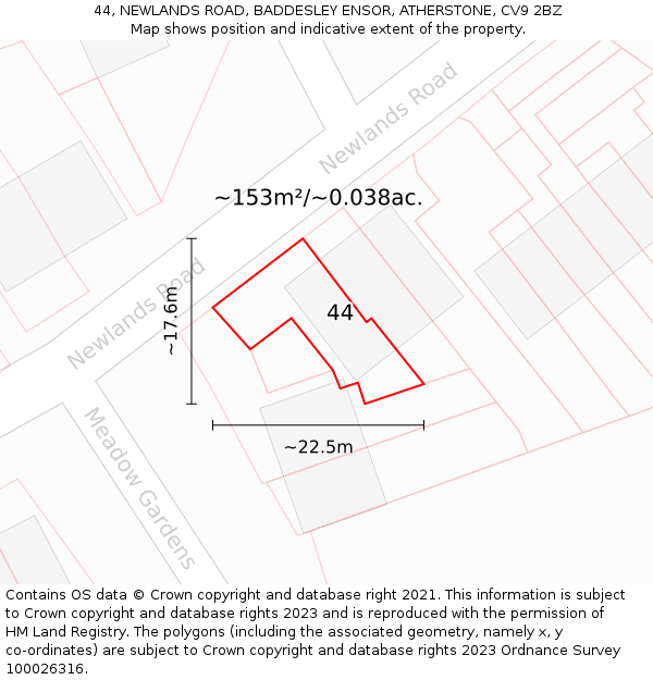 44, NEWLANDS ROAD, BADDESLEY ENSOR, ATHERSTONE, CV9 2BZ: Plot and title map