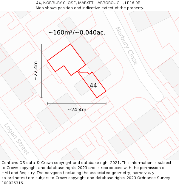 44, NORBURY CLOSE, MARKET HARBOROUGH, LE16 9BH: Plot and title map