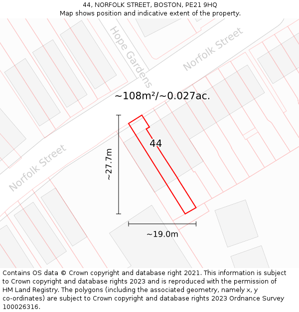 44, NORFOLK STREET, BOSTON, PE21 9HQ: Plot and title map