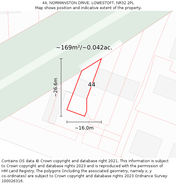 44, NORMANSTON DRIVE, LOWESTOFT, NR32 2PL: Plot and title map