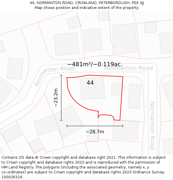 44, NORMANTON ROAD, CROWLAND, PETERBOROUGH, PE6 0JJ: Plot and title map