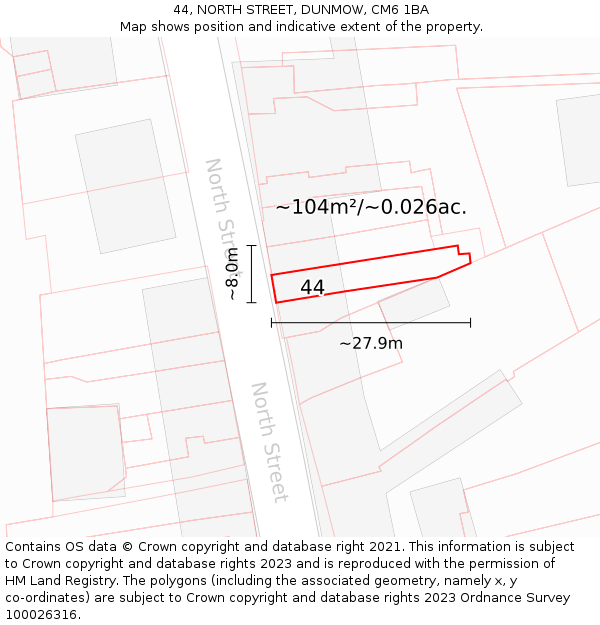 44, NORTH STREET, DUNMOW, CM6 1BA: Plot and title map