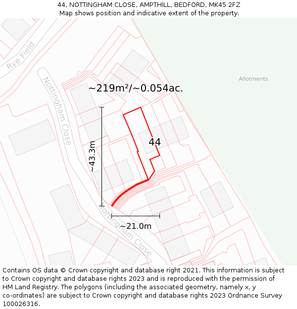 44, NOTTINGHAM CLOSE, AMPTHILL, BEDFORD, MK45 2FZ: Plot and title map