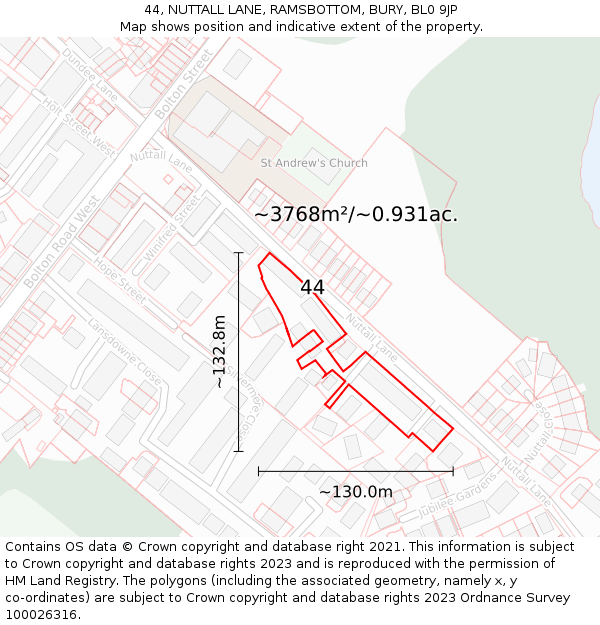 44, NUTTALL LANE, RAMSBOTTOM, BURY, BL0 9JP: Plot and title map