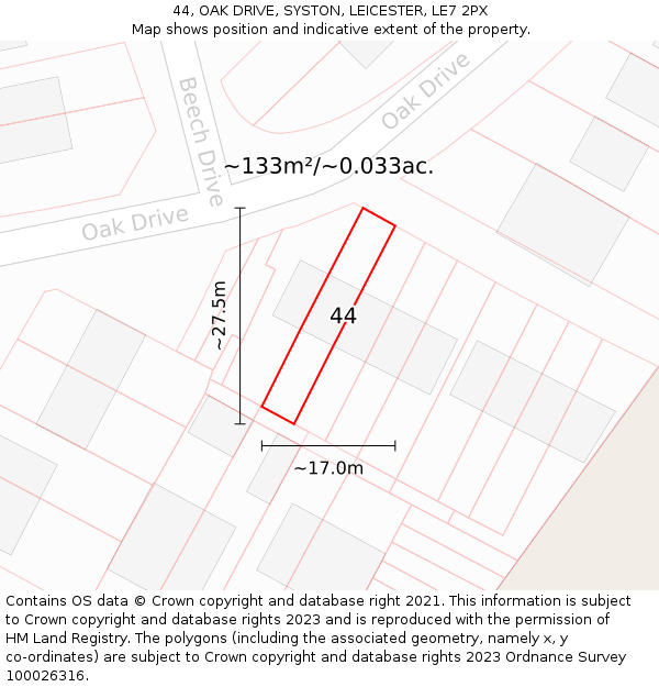 44, OAK DRIVE, SYSTON, LEICESTER, LE7 2PX: Plot and title map