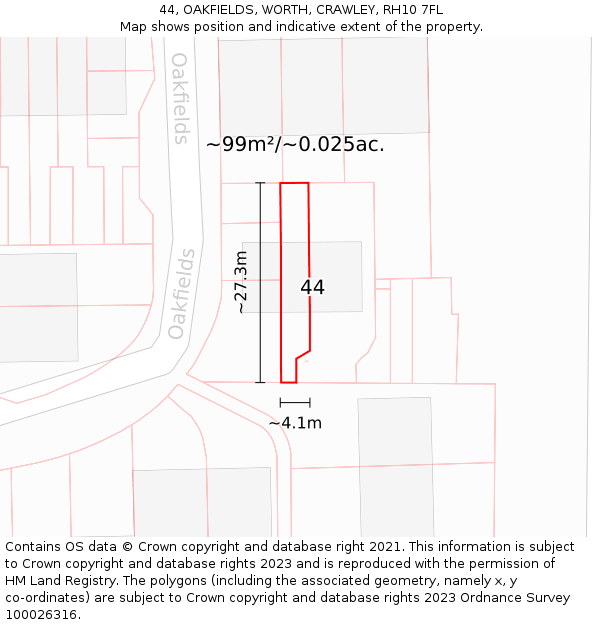 44, OAKFIELDS, WORTH, CRAWLEY, RH10 7FL: Plot and title map