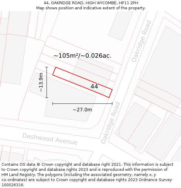 44, OAKRIDGE ROAD, HIGH WYCOMBE, HP11 2PH: Plot and title map