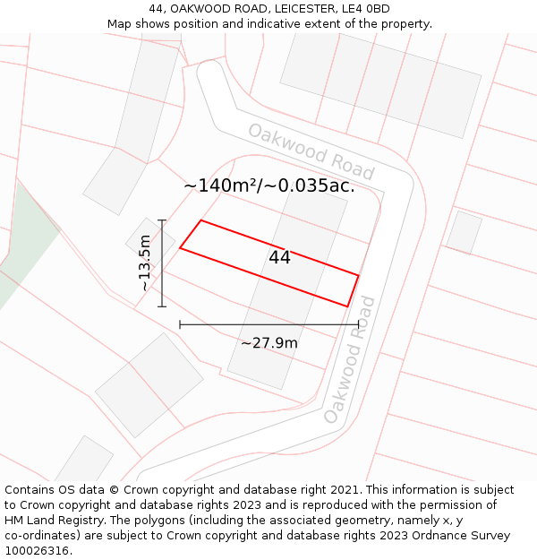 44, OAKWOOD ROAD, LEICESTER, LE4 0BD: Plot and title map