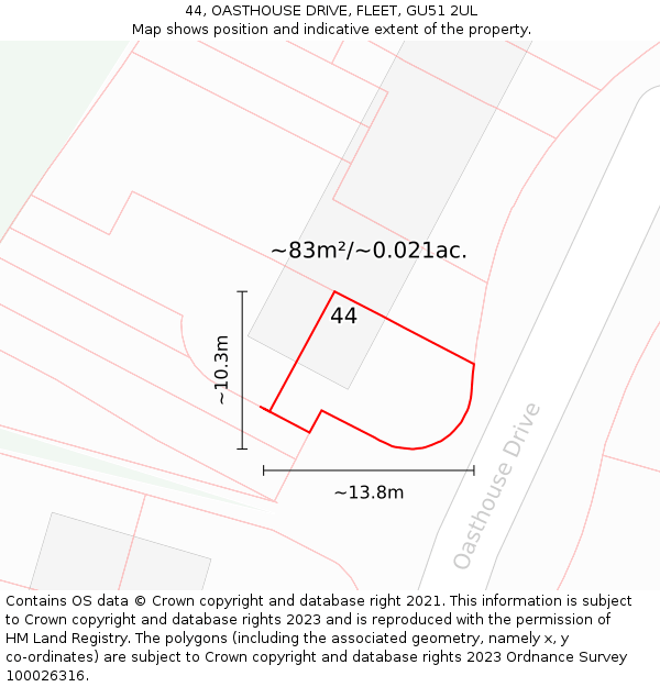 44, OASTHOUSE DRIVE, FLEET, GU51 2UL: Plot and title map