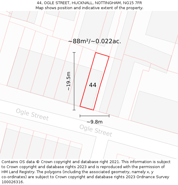 44, OGLE STREET, HUCKNALL, NOTTINGHAM, NG15 7FR: Plot and title map