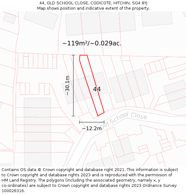 44, OLD SCHOOL CLOSE, CODICOTE, HITCHIN, SG4 8YJ: Plot and title map
