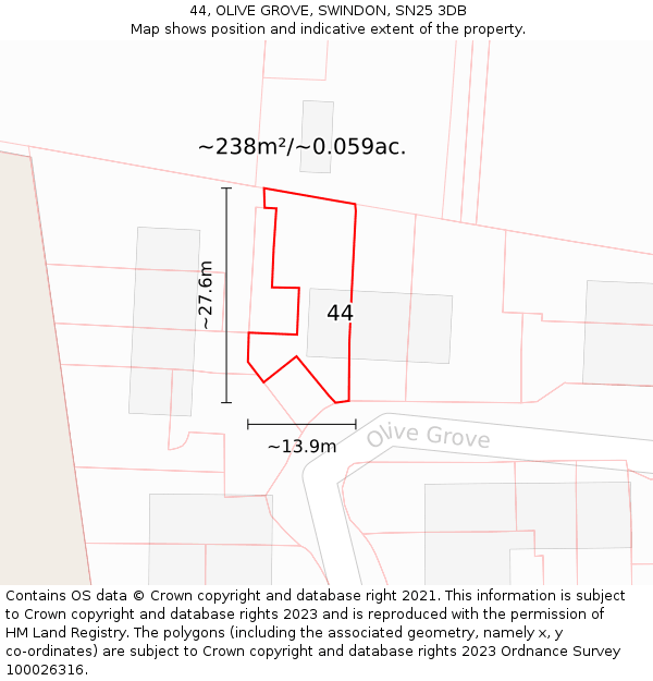 44, OLIVE GROVE, SWINDON, SN25 3DB: Plot and title map