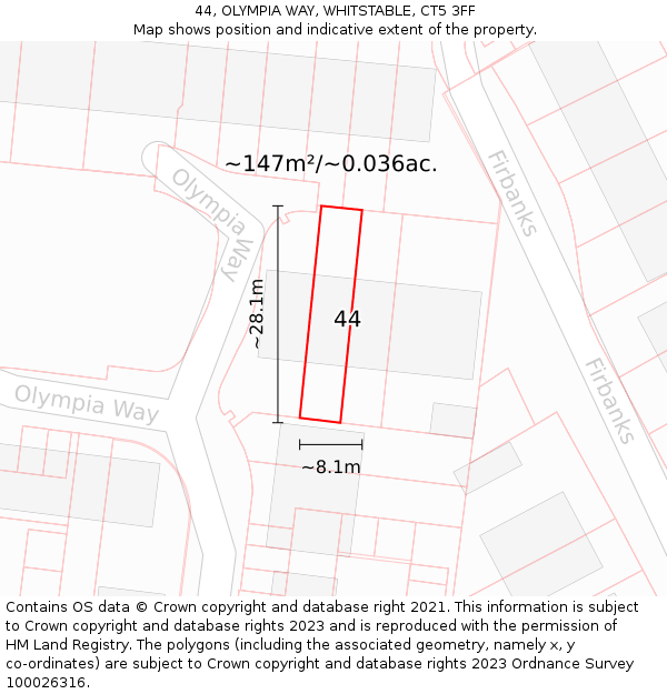 44, OLYMPIA WAY, WHITSTABLE, CT5 3FF: Plot and title map