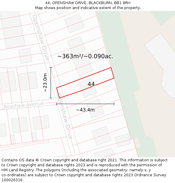 44, OPENSHAW DRIVE, BLACKBURN, BB1 8RH: Plot and title map
