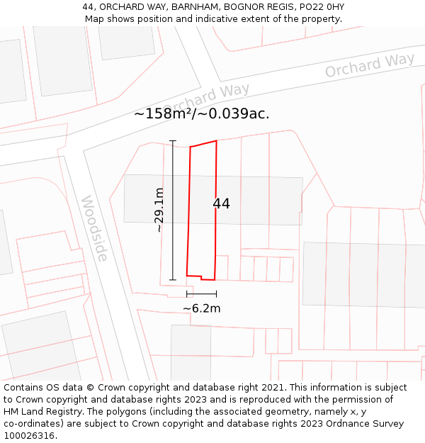 44, ORCHARD WAY, BARNHAM, BOGNOR REGIS, PO22 0HY: Plot and title map