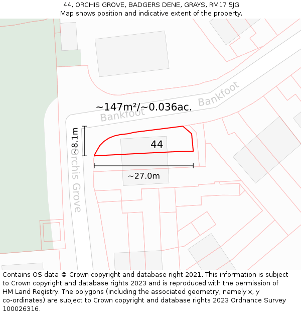 44, ORCHIS GROVE, BADGERS DENE, GRAYS, RM17 5JG: Plot and title map