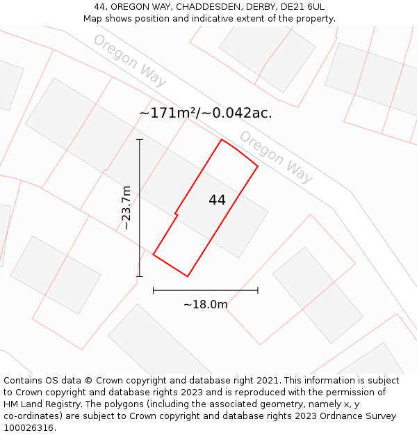 44, OREGON WAY, CHADDESDEN, DERBY, DE21 6UL: Plot and title map