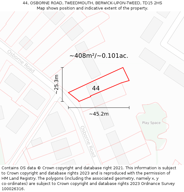44, OSBORNE ROAD, TWEEDMOUTH, BERWICK-UPON-TWEED, TD15 2HS: Plot and title map