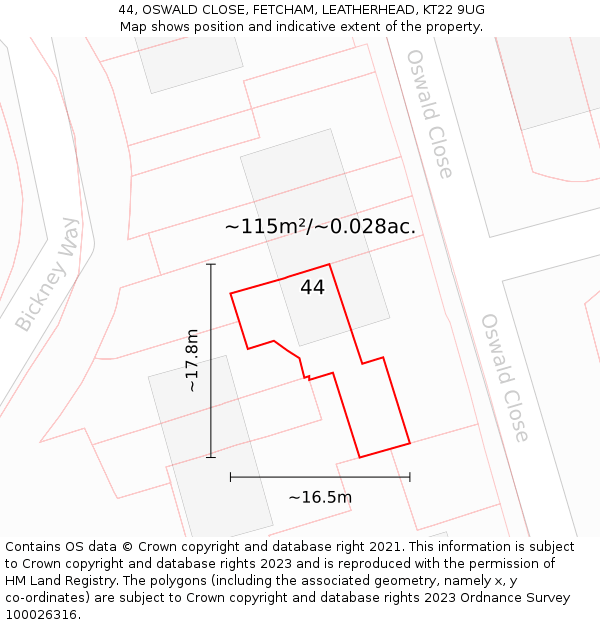 44, OSWALD CLOSE, FETCHAM, LEATHERHEAD, KT22 9UG: Plot and title map