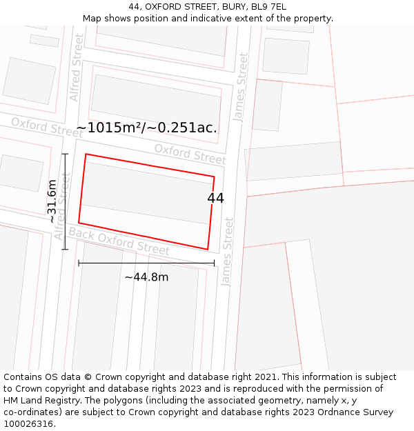 44, OXFORD STREET, BURY, BL9 7EL: Plot and title map