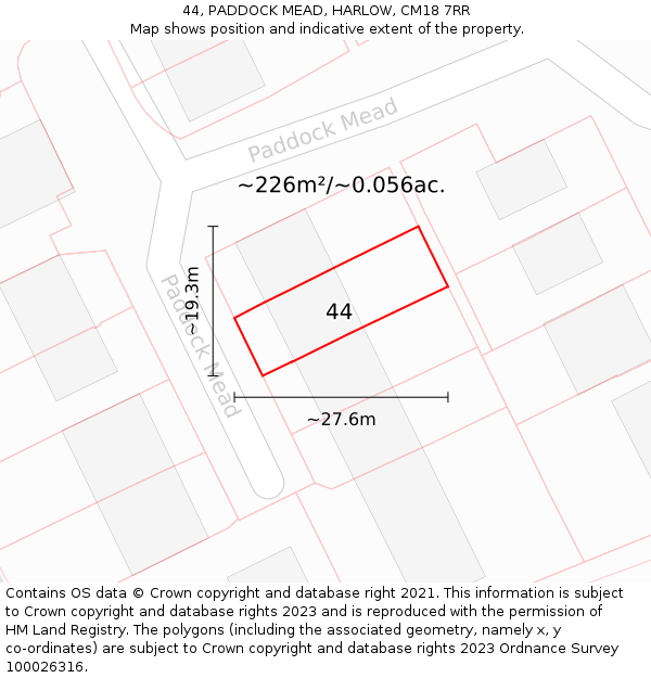 44, PADDOCK MEAD, HARLOW, CM18 7RR: Plot and title map