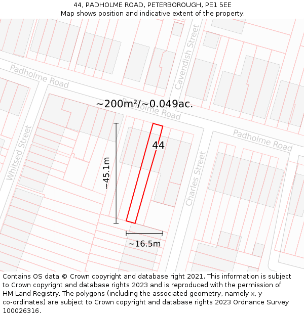 44, PADHOLME ROAD, PETERBOROUGH, PE1 5EE: Plot and title map