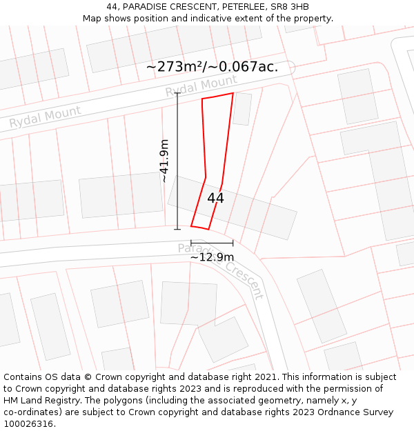 44, PARADISE CRESCENT, PETERLEE, SR8 3HB: Plot and title map