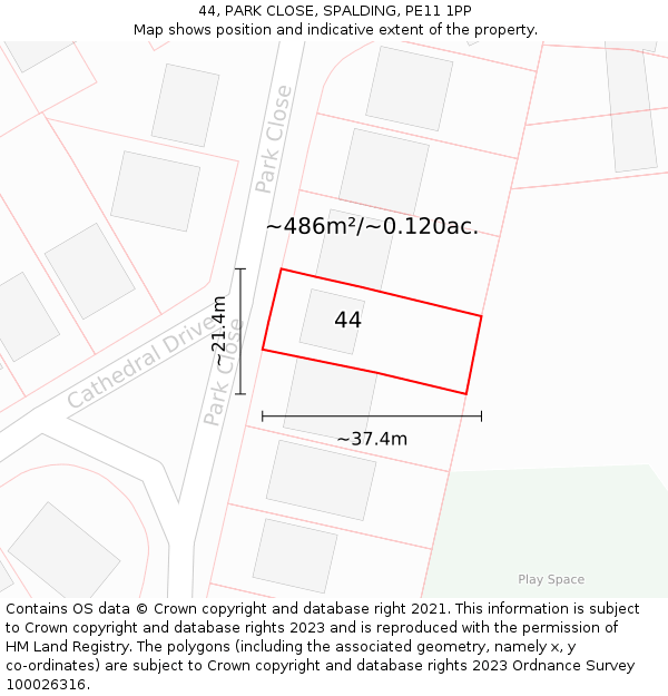 44, PARK CLOSE, SPALDING, PE11 1PP: Plot and title map