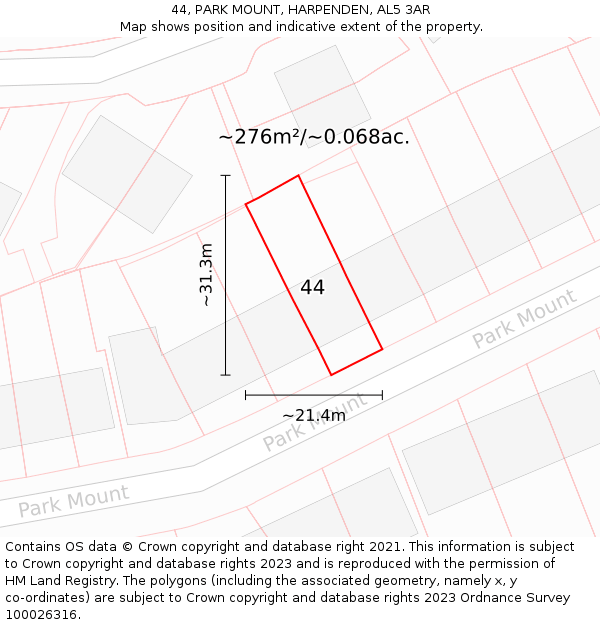 44, PARK MOUNT, HARPENDEN, AL5 3AR: Plot and title map